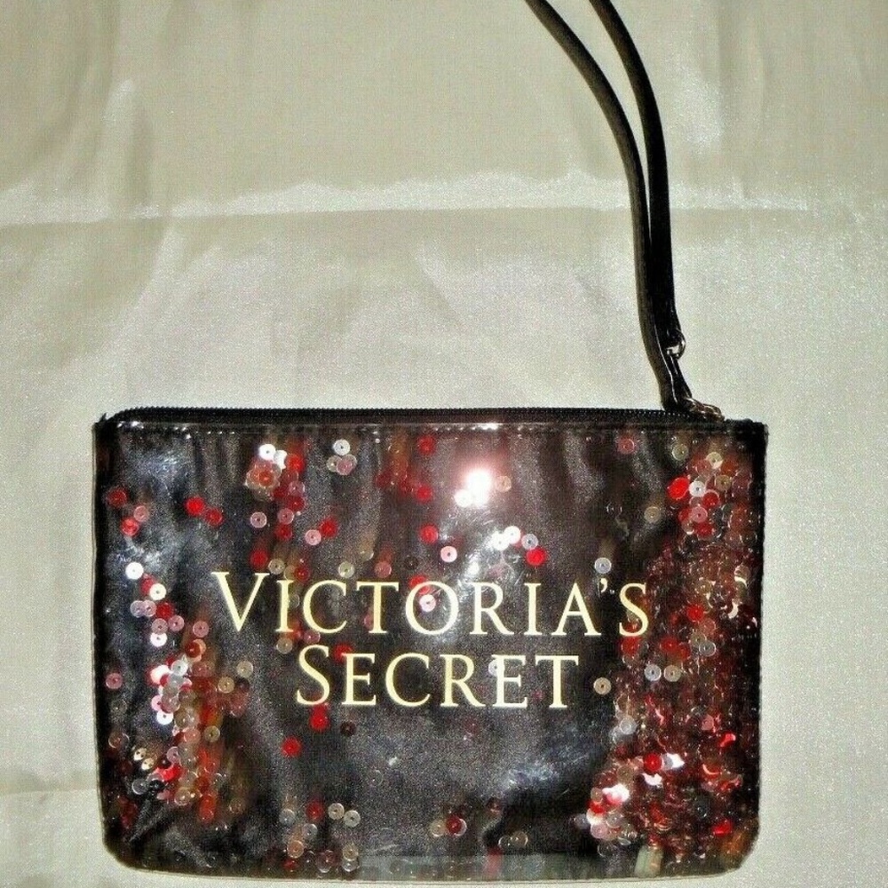 VICTORIA'S SECRET ACCESSORY WRISTLET MAKEUP BAG BLACK & PINK SEQUINS 6X8